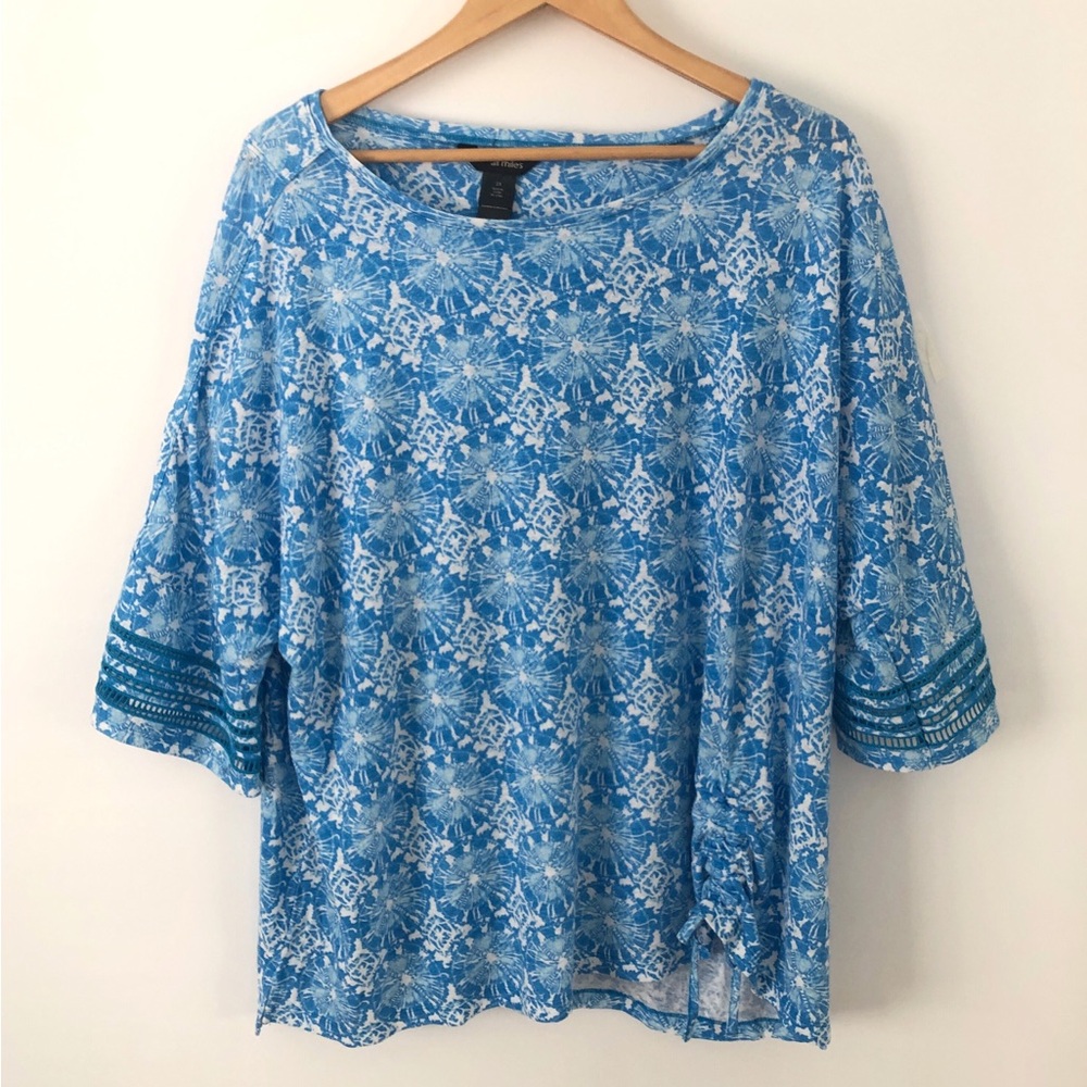 Ali Miles Women’s Plus Geometric Linen Blend Tunic Top 3X 3/4 Sleeve Blue Artsy